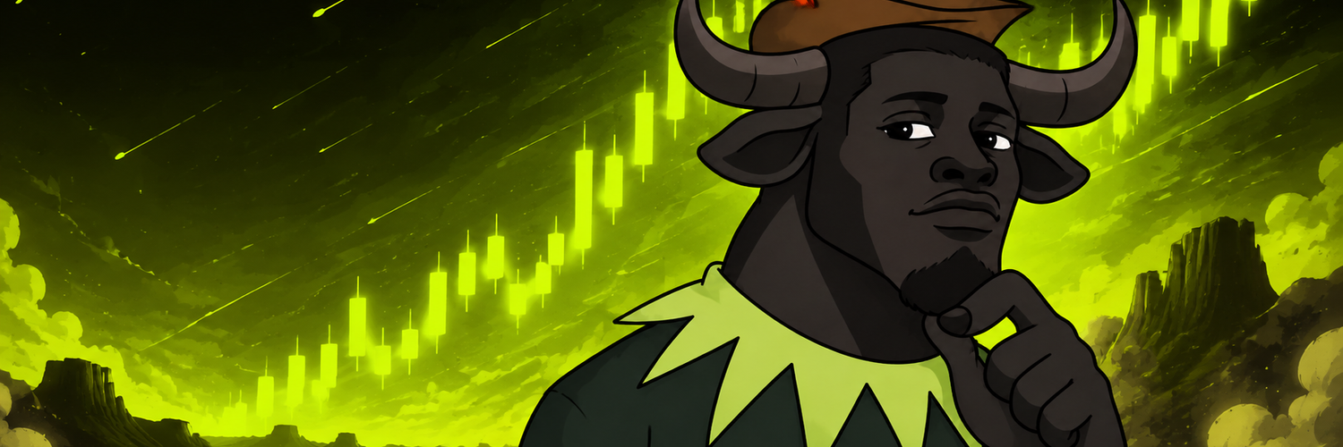 Ansem the Bull standing before a rising acid-lime candlestick trail
