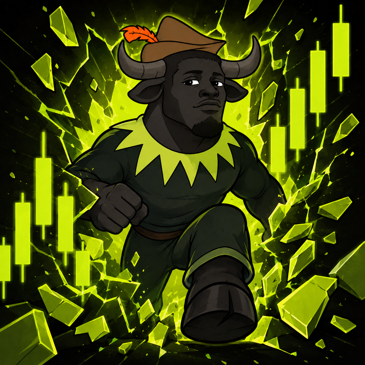 Ansem the Bull stepping through a glowing lime market chart