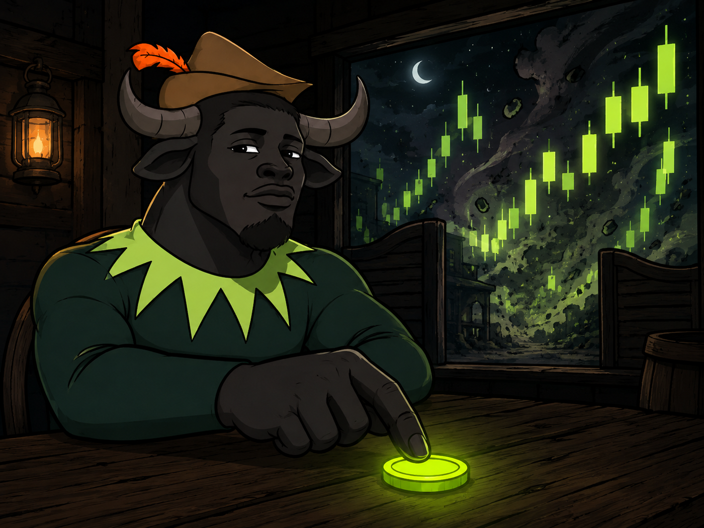 Ansem the Bull at a frontier table with a glowing lime coin and charts outside