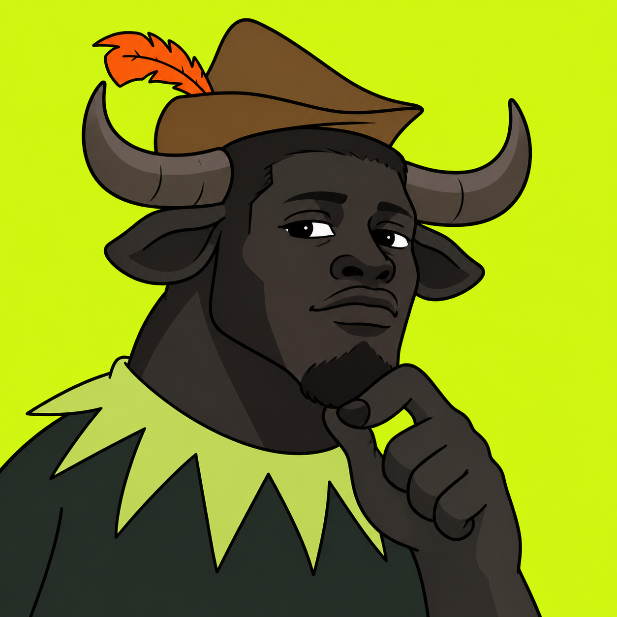 Ansem the Bull wearing a brown feathered hat against an acid-lime background